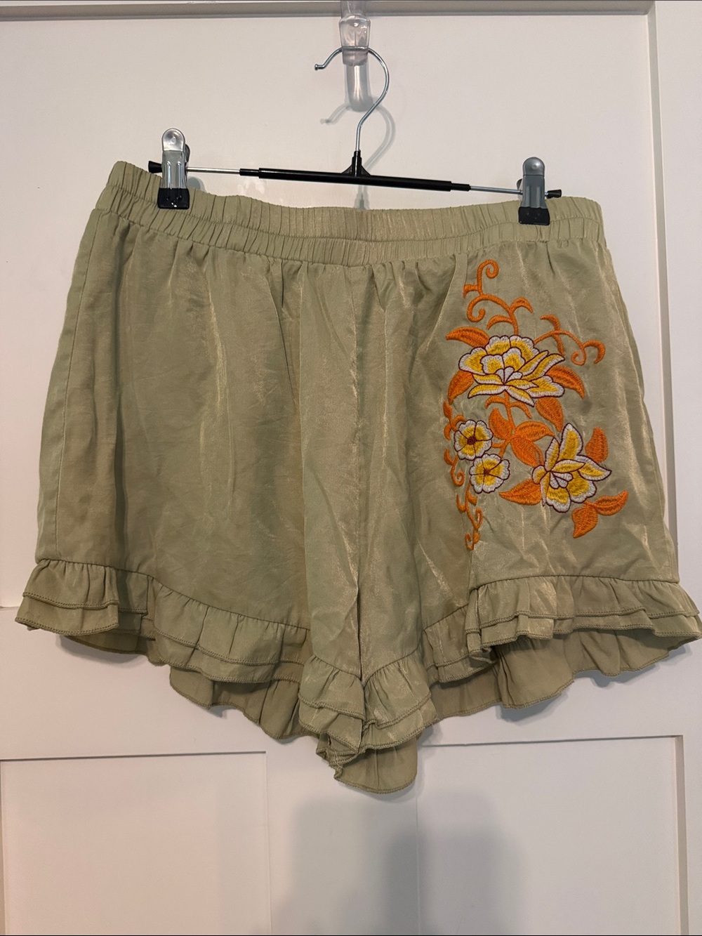 Rustty Dustty Brand Olive Green Floral Embroidered Ruffle Shorts